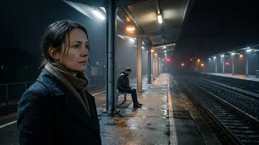До первого поезда: Оригинальная работа для портфолио автора CineNox. Сцена: два незнакомца ждут первый поезд на пустой платформе после дождя, общий, средний и 