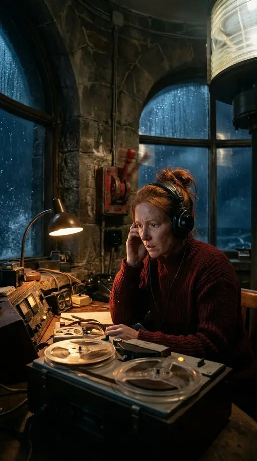 Маяк помнит · 3. Запись на завтра: Create one continuous vertical cinematic scene from the supplied visual reference. Inga is a 38-year-old lighthouse keeper with weathered fa