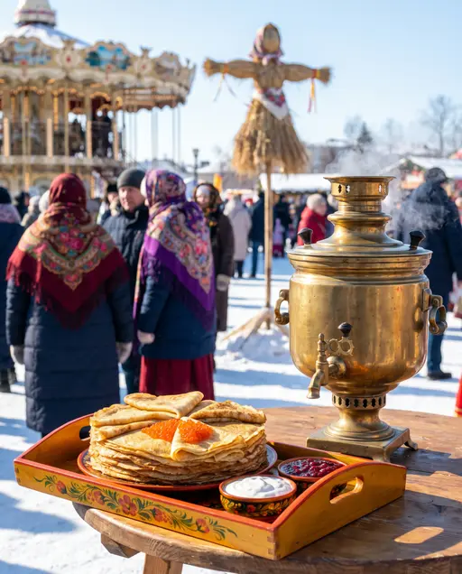 Блины на Масленицу: Масленица: стопка блинов с икрой, сметаной и вареньем на расписном подносе, пузатый самовар, на фоне заснеженная ярмарка с каруселью и солом