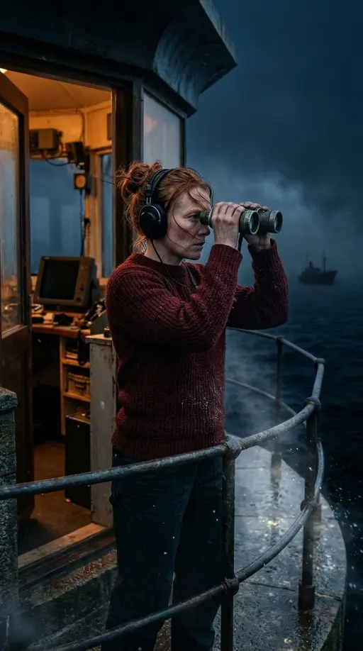 Маяк помнит · 2. Корабль без огней: Create one continuous vertical cinematic scene from the supplied visual reference. Inga is a 38-year-old lighthouse keeper with weathered fa