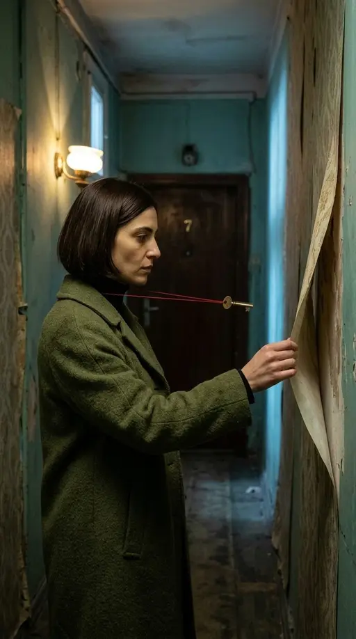 Квартира № 7 · 2. Записка под обоями: Create one continuous vertical cinematic scene from the supplied visual reference. Anna is a 29-year-old woman with a short straight dark-br