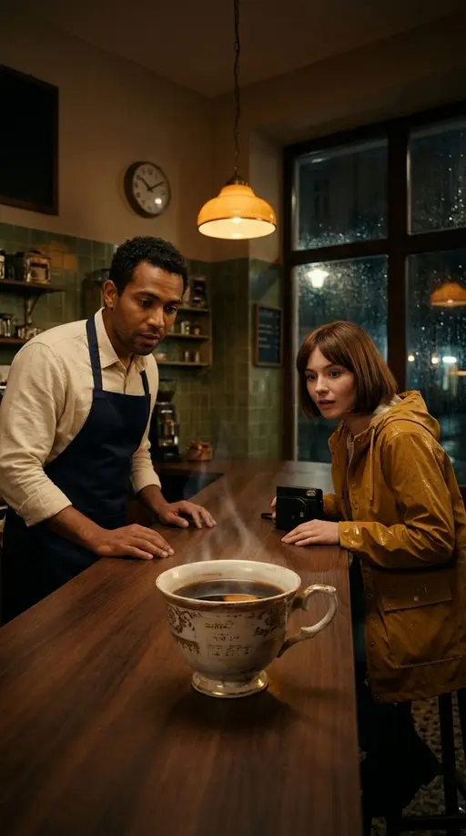 Кафе между минутами · 2. Чашка из прошлого: Create one continuous vertical cinematic scene from the supplied visual reference. Timur is a 32-year-old barista with short dark curls, war