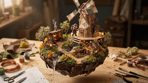 Мастерская на Острове: Широкая сцена оригинальной уютной crafting-игры в виде детальной диорамы: маленький изобретатель запускает самодельную ветряную мельницу на 