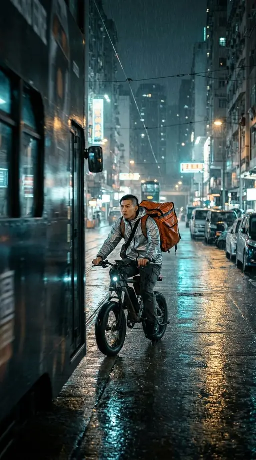 Курьер для вчера · Спецэпизод. Три адреса: Miro is a 24-year-old courier with a shaved left temple, short black hair, an alert expressive face, a silver rain jacket with no logos, cha