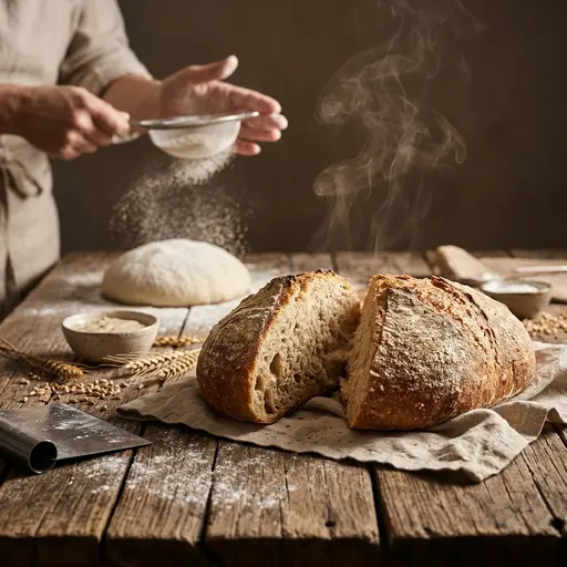 Утро на кухне: Оригинальная работа для портфолио автора ChefMotion. Сцена: свежая выпечка на деревянном столе, ломается хрустящая корочка, тёплый пар виден