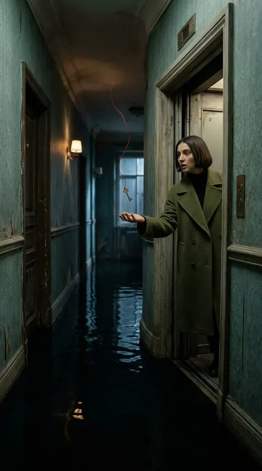 Квартира № 7 · 4. Нулевой этаж: Create one continuous vertical cinematic scene from the supplied visual reference. Anna is a 29-year-old woman with a short straight dark-br