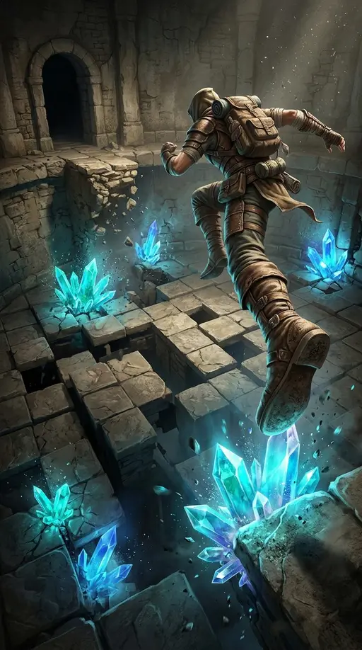 Комната меняет правила: Вертикальный эпизод оригинального фэнтезийного roguelike: ловкий искатель входит в круглую подземную комнату, каменные плитки перестраиваютс