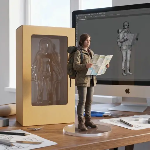 Фигурка путешественницы · видео: Коллекционная фигурка в масштабе 1:7: путешественница с рюкзаком и картой стоит на прозрачной круглой подставке на столе дизайнера, рядом яр