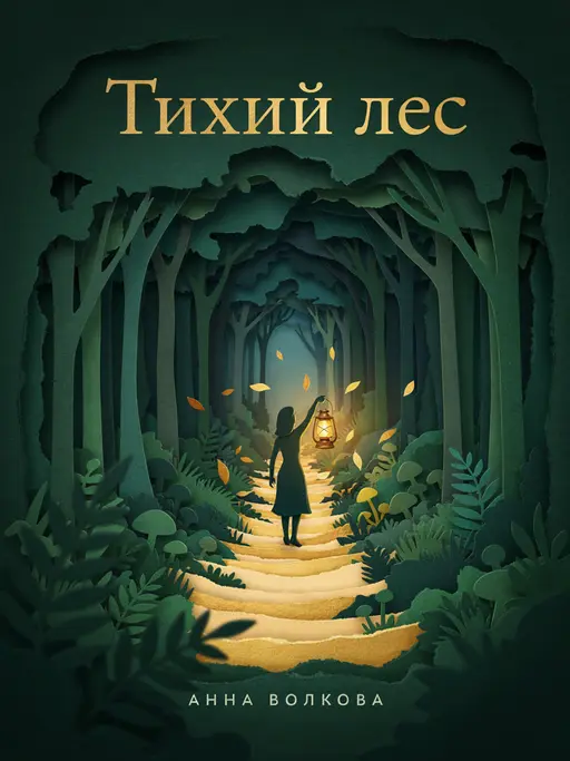 Обложка «Тихий лес»: Обложка книги: тёмный лес из многослойной вырезанной бумаги, между деревьями вьётся одинокая светящаяся тропинка, маленькая фигура с фонарём