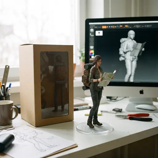Фигурка путешественницы: Коллекционная фигурка в масштабе 1:7: путешественница с рюкзаком и картой стоит на прозрачной круглой подставке на столе дизайнера, рядом яр