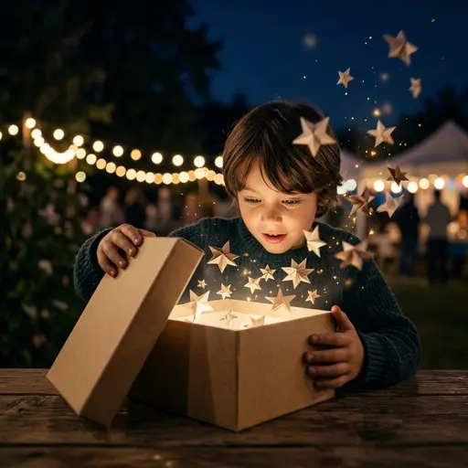 Подарок внутри: Оригинальная работа для портфолио автора NightSpark. Сцена: ребёнок открывает коробку, из неё вылетает мягкое сияние и бумажные звёзды, искр