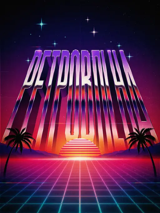 Хромовая ретроволна: Ретро-постер в эстетике восьмидесятых: хромированная надпись «РЕТРОВОЛНА» с бликами над светящимся сеточным горизонтом, полосатое закатное с