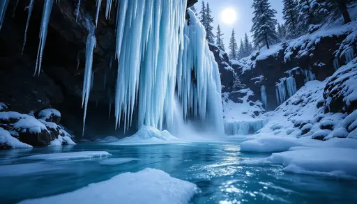 Ледяной водопад под луной: Замёрзший водопад с длинными сосульками, подсвеченный холодным лунным светом. Внизу замёрзшая заводь с трещинами. Окружение: тёмные скалы и 
