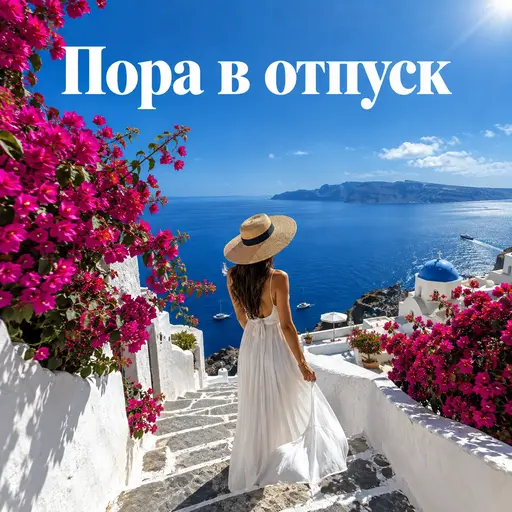 Пора в отпуск: Рекламный кадр для турагентства: женщина в соломенной шляпе и белом платье стоит на лестнице белого островного городка над синим морем, куст