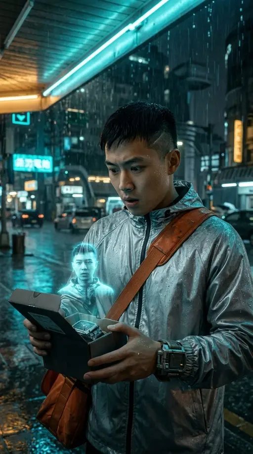 Курьер для вчера · 1. Посылка от себя: Create one continuous vertical cinematic scene from the supplied visual reference. Miro is a 24-year-old courier with a shaved left temple, 