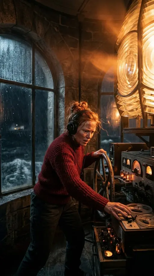 Маяк помнит · 5. Последняя частота: Create one continuous vertical cinematic scene from the supplied visual reference. Inga is a 38-year-old lighthouse keeper with weathered fa