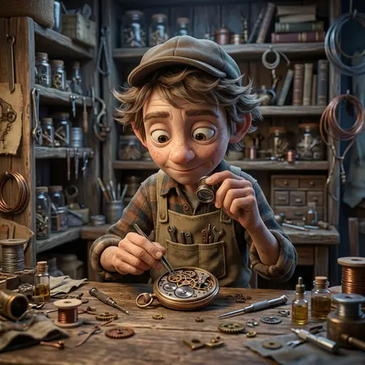 Маленькая мастерская: Оригинальная работа для портфолио автора Render77. Сцена: дружелюбный оригинальный персонаж чинит крошечный механизм в уютной диораме, выраз