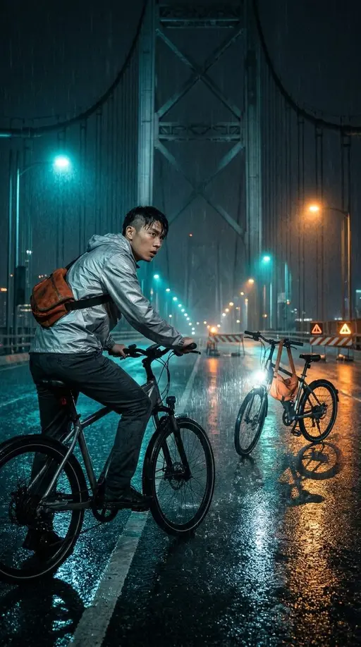 Курьер для вчера · 4. Мост в 00:04: Create one continuous vertical cinematic scene from the supplied visual reference. Miro is a 24-year-old courier with a shaved left temple, 