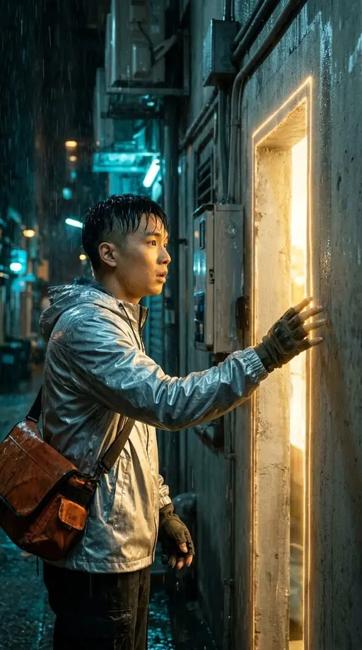 Курьер для вчера · 2. Адрес, которого нет: Create one continuous vertical cinematic scene from the supplied visual reference. Miro is a 24-year-old courier with a shaved left temple, 
