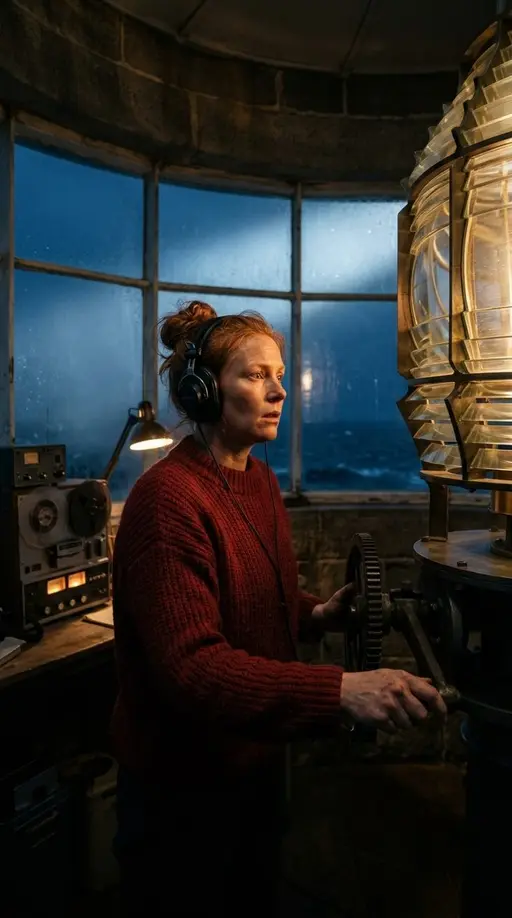 Маяк помнит · 4. Свет под водой: Create one continuous vertical cinematic scene from the supplied visual reference. Inga is a 38-year-old lighthouse keeper with weathered fa