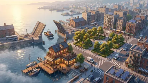 Город просыпается: Широкий ролик оригинальной градостроительной игры: изометрический прибрежный город ранним утром оживает — открывается мост, по улицам начина