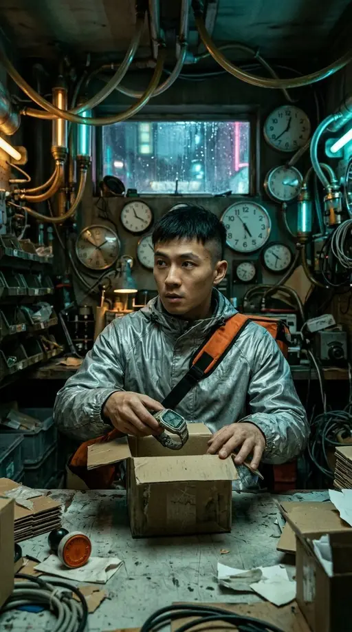 Курьер для вчера · 5. Последняя доставка: Create one continuous vertical cinematic scene from the supplied visual reference. Miro is a 24-year-old courier with a shaved left temple, 